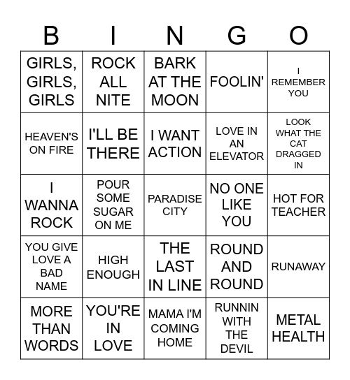 HAIR BAND HITS - BP Bingo Card