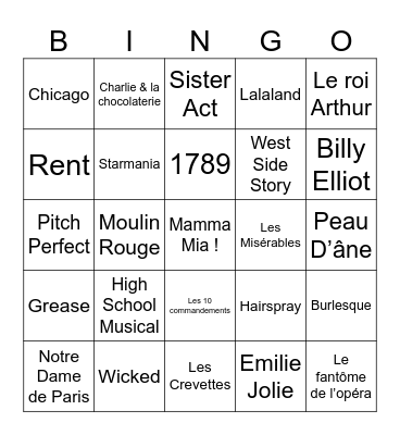 comédies musicales Bingo Card