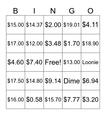 Money Bingo Card