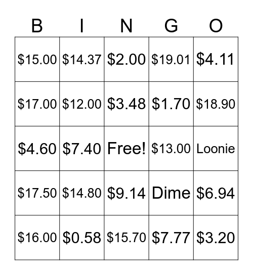 Money Bingo Card