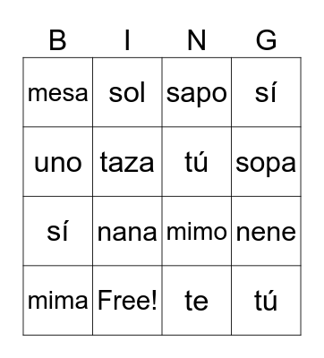 Spanish Bingo - Review Bingo Card