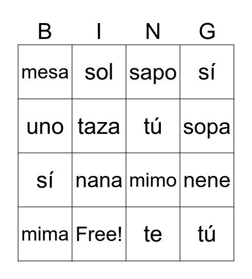 Spanish Bingo - Review Bingo Card