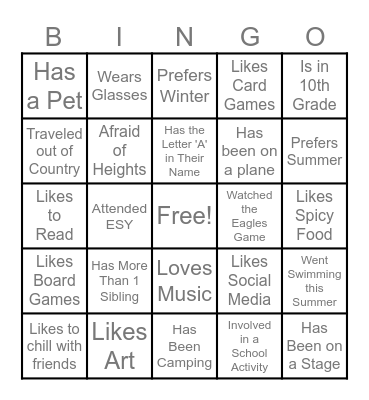 Get To Know Me Bingo Card