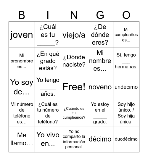 Sp1 U1 Personal information Bingo Card