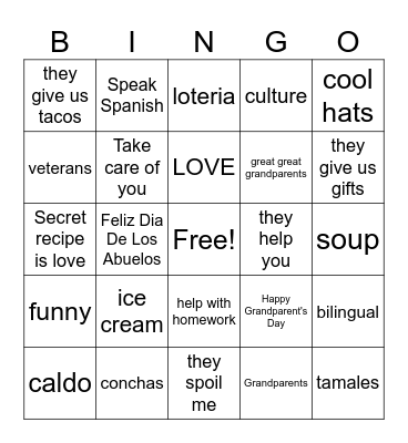 Grandparents Bingo Card