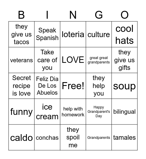 Grandparents Bingo Card