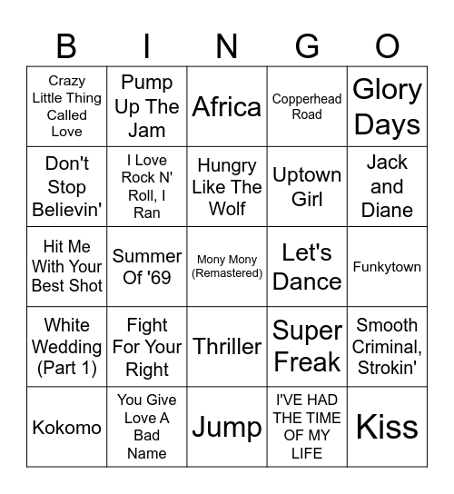 80'S HITS - BP Bingo Card
