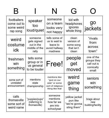 Pep Rally Bingo Card