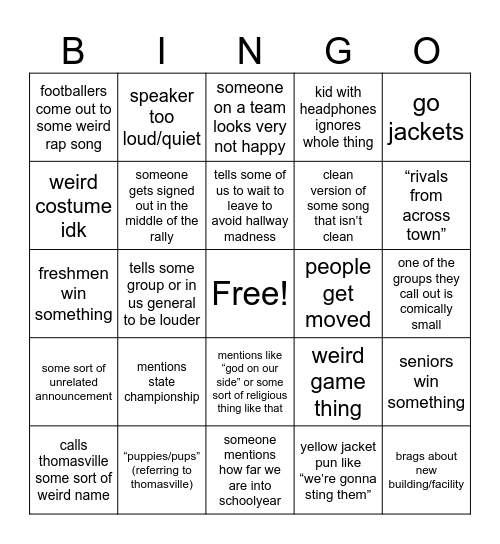 Pep Rally Bingo Card