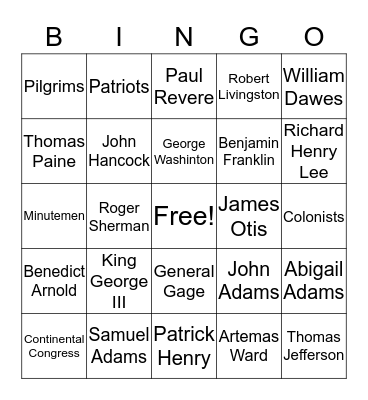 Important People of the American Revolution Bingo Card