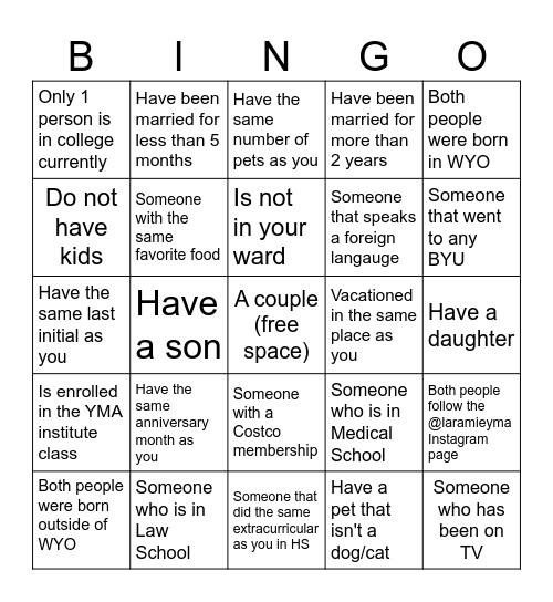 YMA FHE Get to Know Everyone Bingo Card