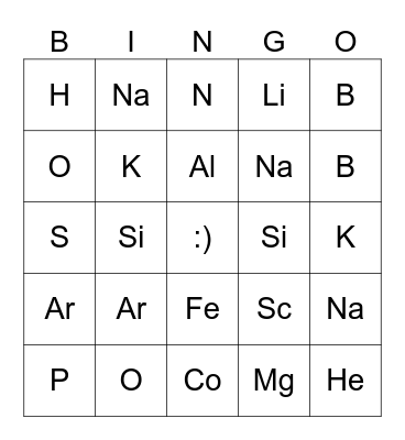 Periodic Table Bingo (First 20 elements) Bingo Card