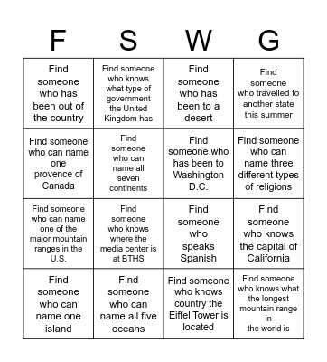 Find Someone Who- Geography Edition! Bingo Card