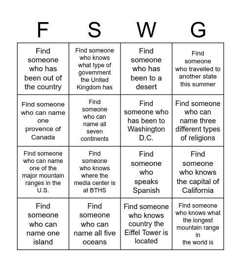 Find Someone Who- Geography Edition! Bingo Card