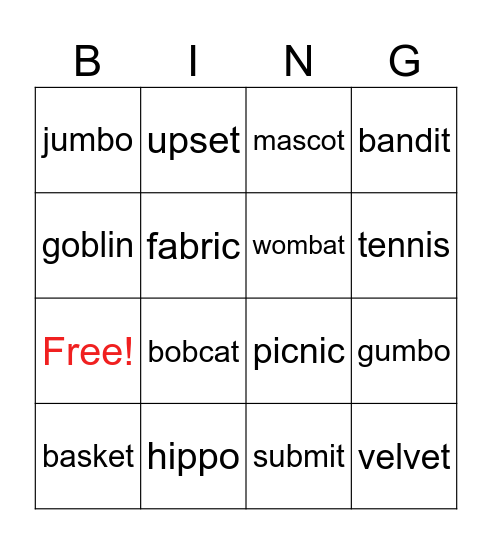 Syllable Pattern 1: VC/CV Bingo Card