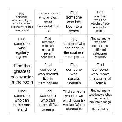 Find Someone Who- Geography Edition! Bingo Card