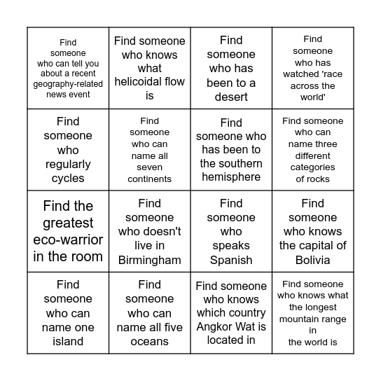 Find Someone Who- Geography Edition! Bingo Card