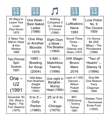 SONGS WITH NUMBERS IN THE TITLE Bingo Card