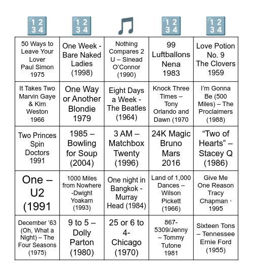SONGS WITH NUMBERS IN THE TITLE Bingo Card