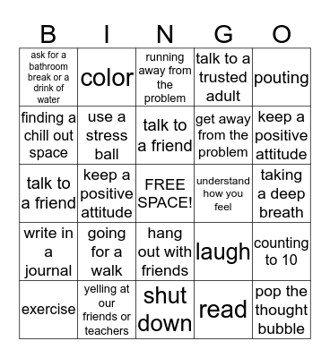 Coping Skills Bingo Card