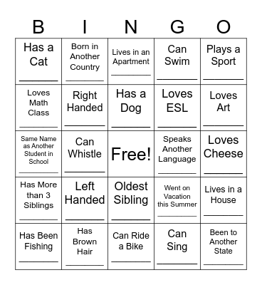 First Day Bingo Card