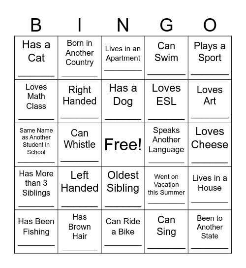 First Day Bingo Card