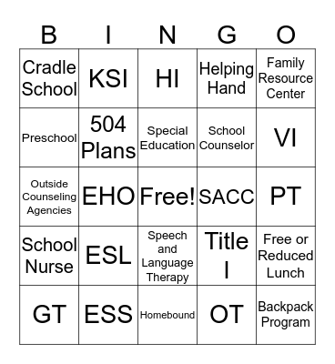 Student Service BINGO Card