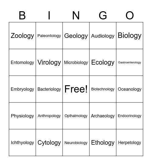 Fields of Science Bingo Card