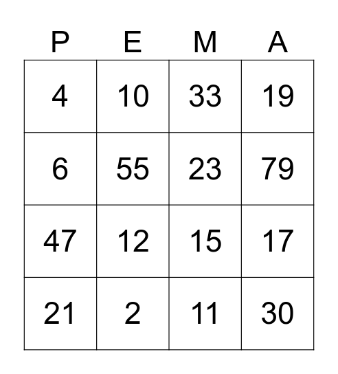 Order of Operations Bingo Card