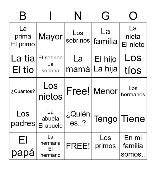 La familia (Listos F) Bingo Card