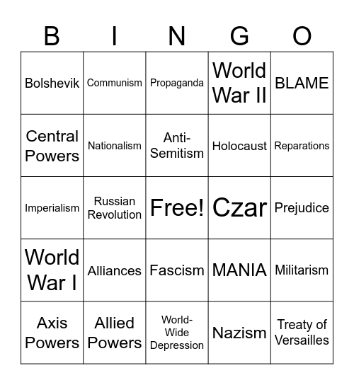 Europe's History Vocab Bingo Card