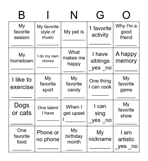 All About Me Bingo Card