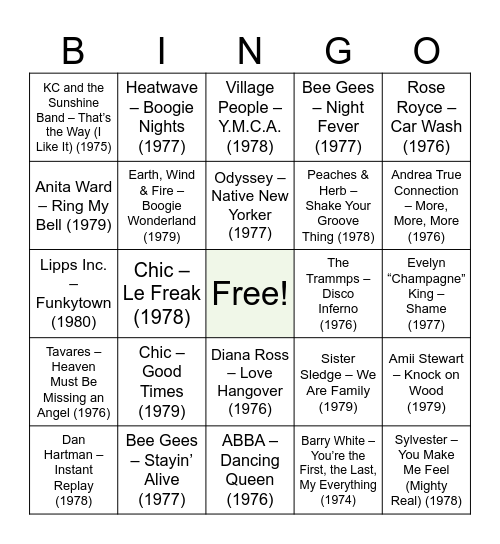 Disco Bingo Card
