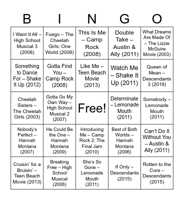 Disney Channel Bingo Card