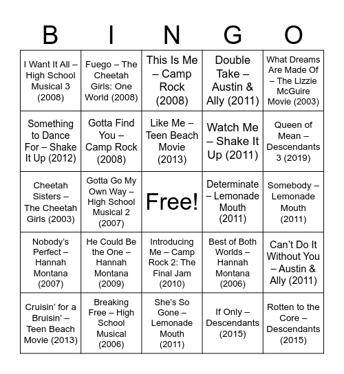 Disney Channel Bingo Card