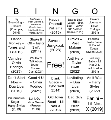 Gen A Songs Bingo Card