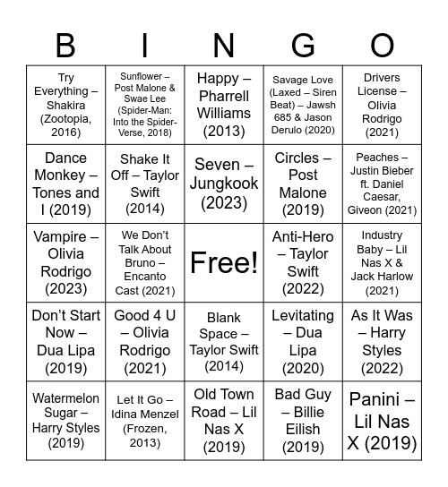 Gen A Songs Bingo Card