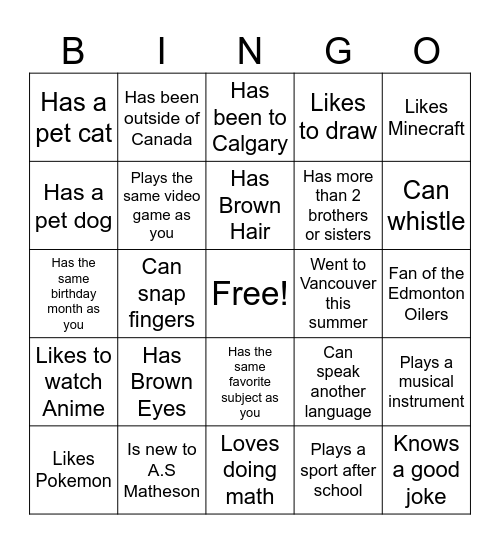 Name Bingo Card
