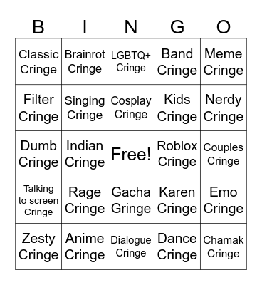 Try not to Cringe Bingo Card