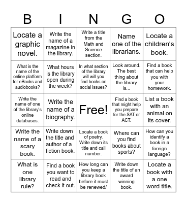 Library Bingo-Complete any 5 tasks in a vertical, horizontal, or diagonal row to win while you dig deeper into our library resources. Bingo Card