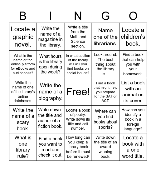 Library Bingo-Complete any 5 tasks in a vertical, horizontal, or diagonal row to win while you dig deeper into our library resources. Bingo Card