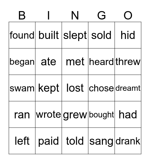 Past Tense Verbs Bingo Card