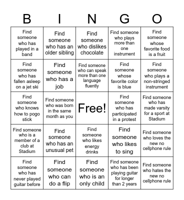 Guitar Class Bingo Card