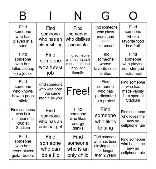 Guitar Class Bingo Card
