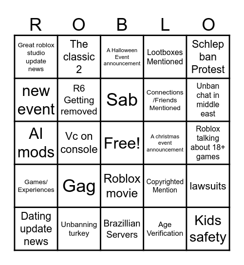 Roblox RDC 2025 bingo Card