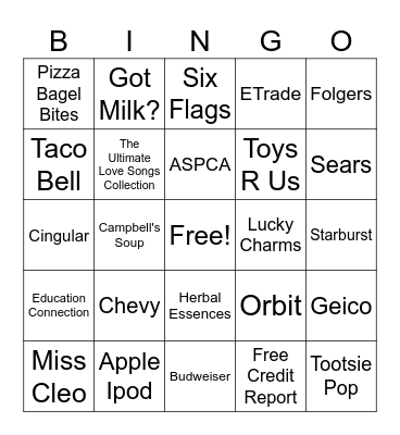 Commercials Bingo Card