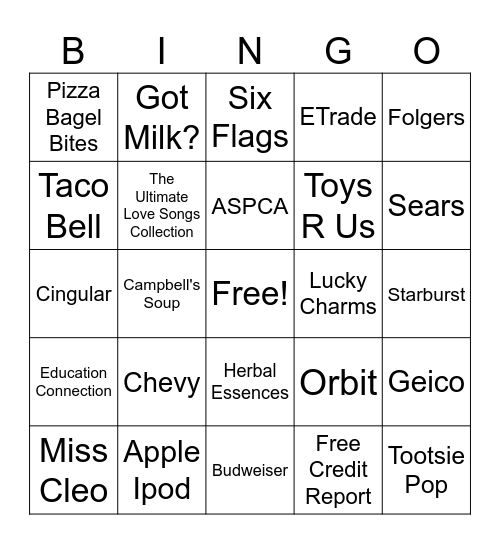 Commercials Bingo Card