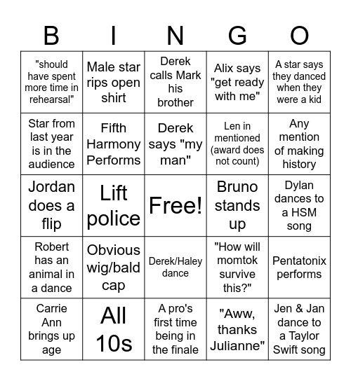 Dancing With The Stars Season 34 Bingo Card