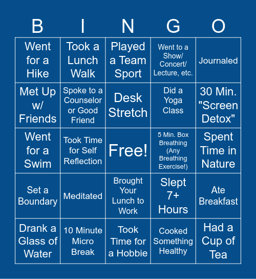 Health, Wellness and Feeling Good! Bingo Card