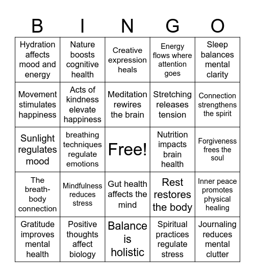 Mind, Body, Soul Balance Bingo Card
